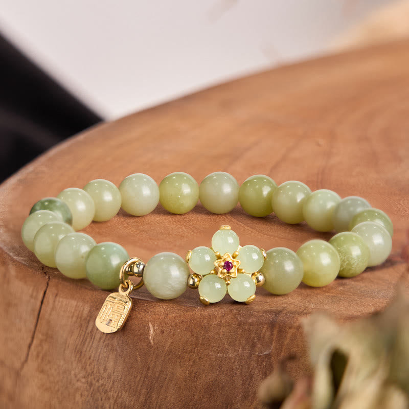 Buddha Stones Green Jade Flower Fu Character Charm Luck Bracelet - Jade(Wrist Circumference 14-16cm) - image 0