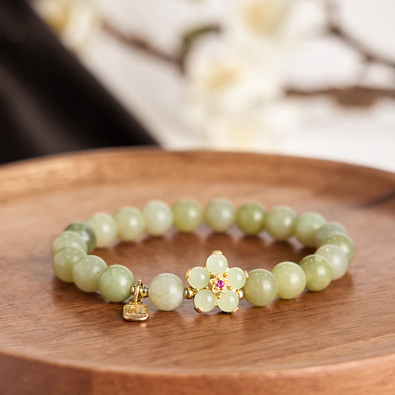 Buddha Stones Green Jade Flower Fu Character Charm Luck Bracelet - image 1