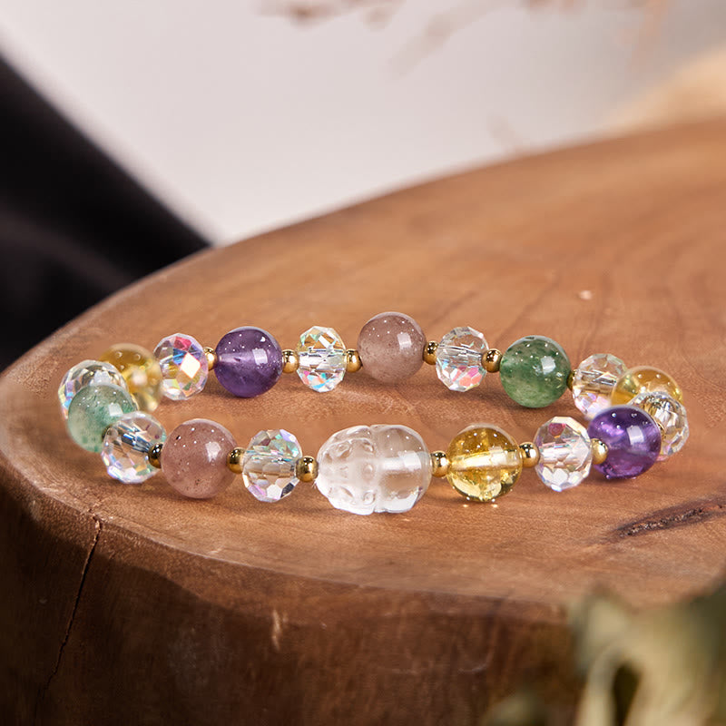 Buddha Stones PiXiu White Crystal Citrine Green Strawberry Quartz Amethyst Luck Bracelet - Various Crystal(Wrist Circumference: 14-16cm) - image 0