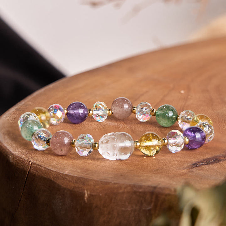 Buddha Stones PiXiu White Crystal Citrine Green Strawberry Quartz Amethyst Luck Bracelet - Various Crystal(Wrist Circumference: 14-16cm) - image 0