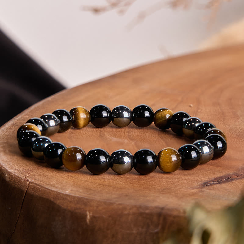 Buddha Stones Natural Tiger's Eye Obsidian Hematite Positive Powerful Bracelet - Yellow Tiger Eye Obsidian Hematite(Wrist Circumference: 14-18cm) - image 0