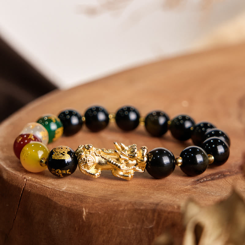 Buddha Stones Natural Gold Sheen Obsidian PiXiu Five Directions Gods of Wealth Protection Bracelet - image 1