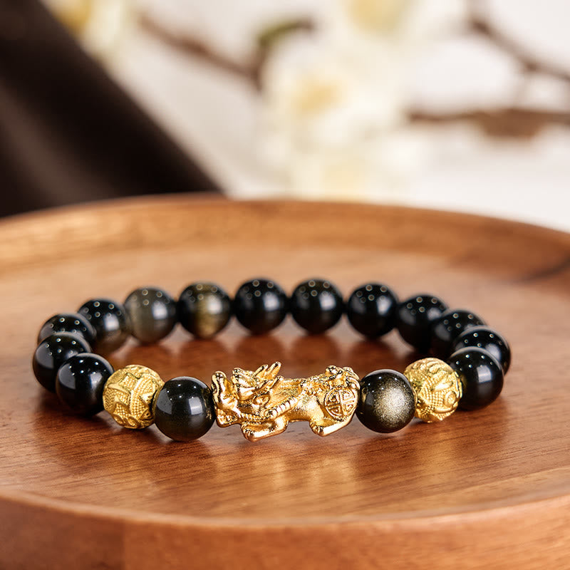 Buddha Stones Natural Gold Sheen Obsidian PiXiu Om Mani Padme Hum Wealth Bracelet - image 1