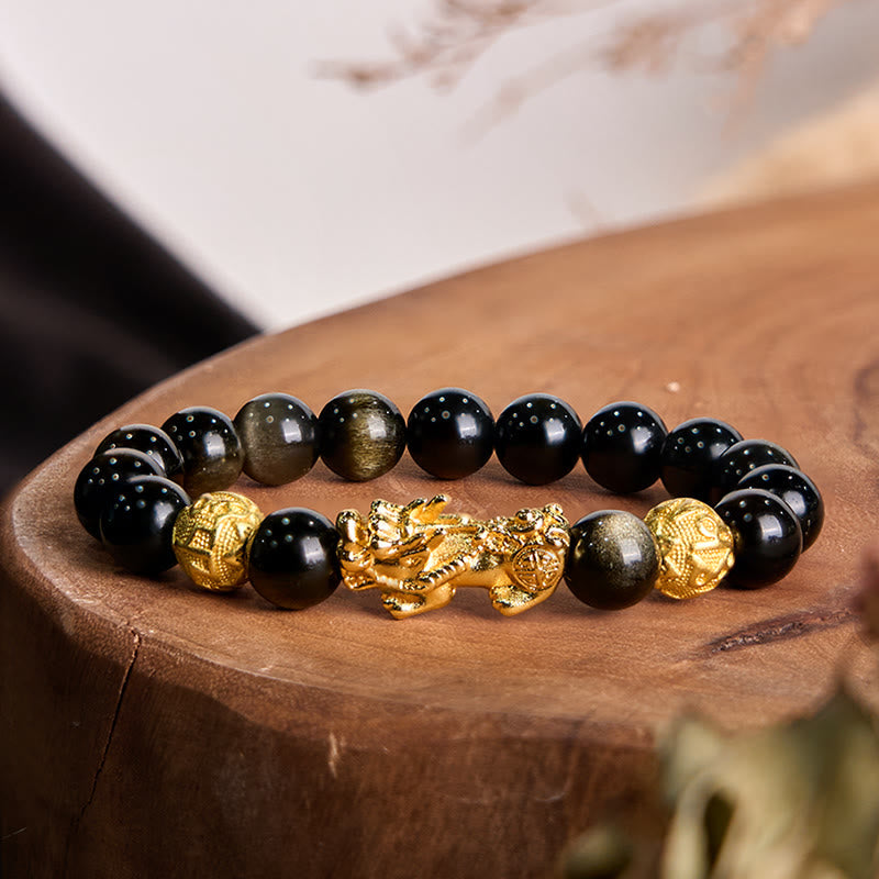 Buddha Stones Natural Gold Sheen Obsidian PiXiu Om Mani Padme Hum Wealth Bracelet - 10mm(Wrist Circumference 14-16cm) - image 0