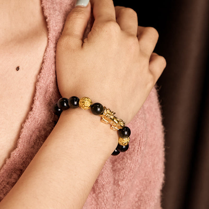Buddha Stones Natural Gold Sheen Obsidian PiXiu Om Mani Padme Hum Wealth Bracelet - image 2