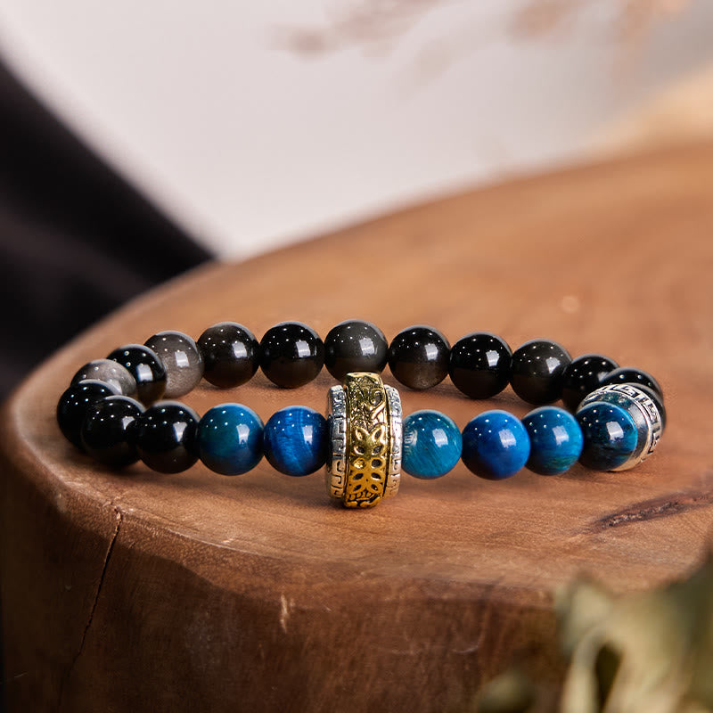 Buddha Stones Silver Sheen Obsidian Blue Tiger Eye Om Mani Padme Hum Protection Bracelet - Silver Sheen Obsidian Blue Tiger Eye (Wrist Circumference: 15-16cm) - image 0