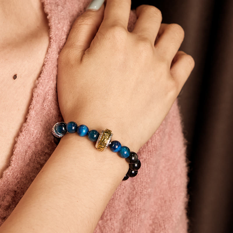 Buddha Stones Silver Sheen Obsidian Blue Tiger Eye Om Mani Padme Hum Protection Bracelet - image 3