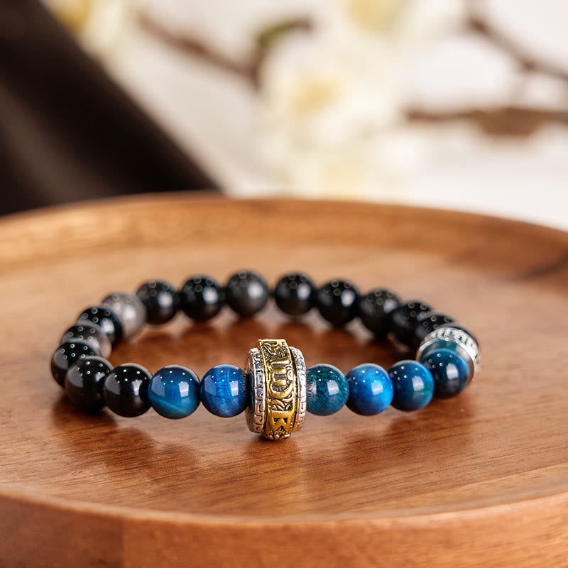 Buddha Stones Silver Sheen Obsidian Blue Tiger Eye Om Mani Padme Hum Protection Bracelet - image 1