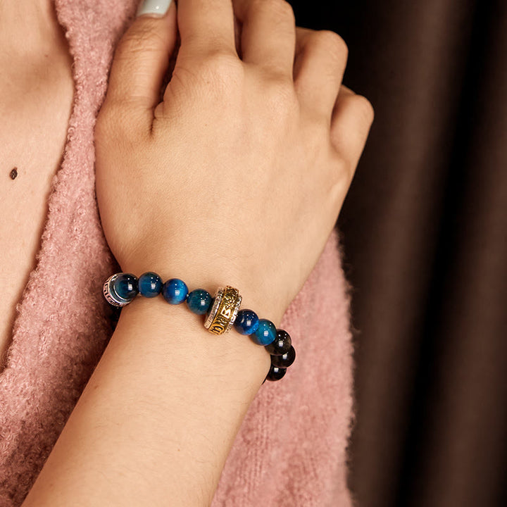 Buddha Stones Silver Sheen Obsidian Blue Tiger Eye Om Mani Padme Hum Protection Bracelet - image 2