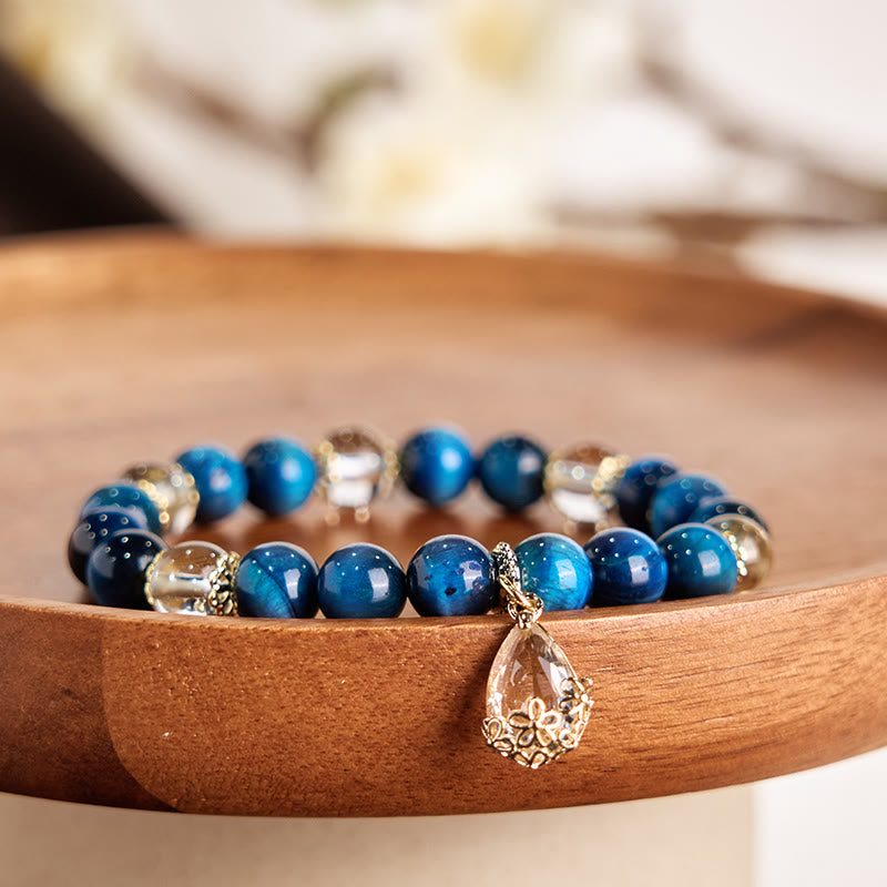 Buddha Stones Blue Tiger Eye White Crystal Water Drop Strength Bracelet - image 1