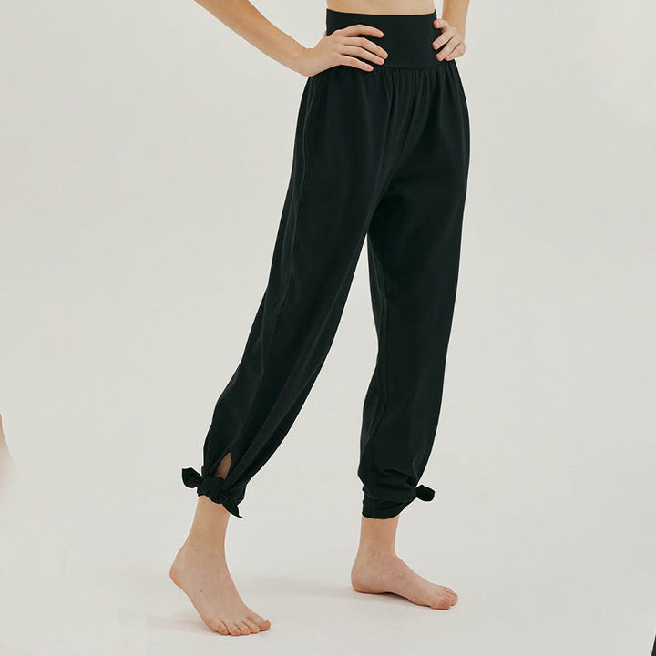 Buddha Stones Casual Loose Tie-down Hem Plain High Waist Women's Leica Pants With Pockets - image 14