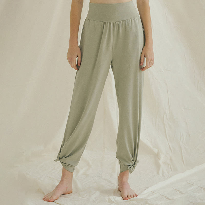 Buddha Stones Casual Loose Tie-down Hem Plain High Waist Women's Leica Pants With Pockets - LightGreen - US4，UK/AU8，EU36 (L) - image 0