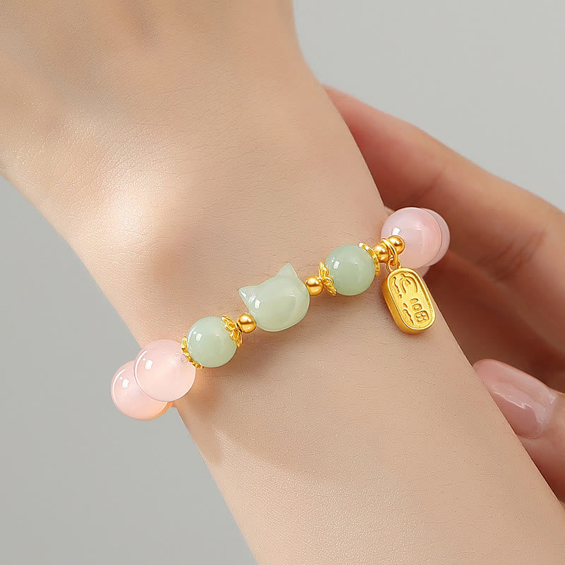 Buddha Stones 925 Sterling Silver Red Agate Hetian Jade Cat Fu Character Confidence Bracelet - image 3