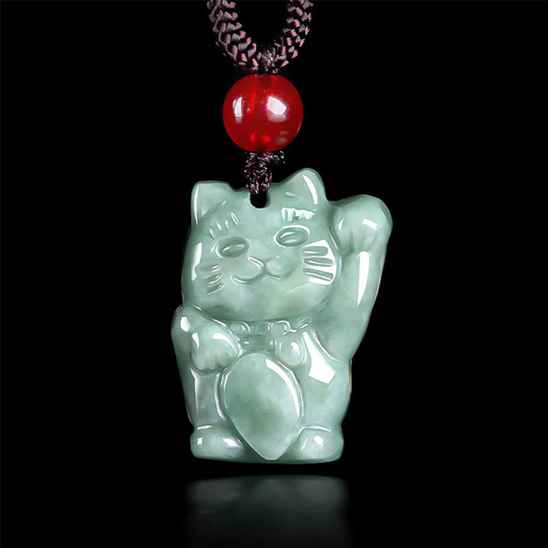 Buddha Stones Lucky Cat Jade Abundance Necklace Pendant - Bean Green Jade - image 0