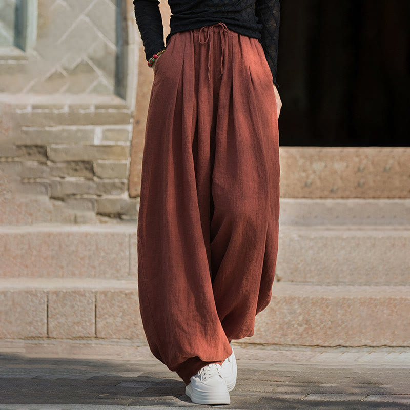 Buddha Stones Casual Plain Loose Waist Tie Rope Women's Ramie Cotton Pants With Pockets - Tomato - US4-6，UK/AU8-10，EU36-38 (F) - image 0