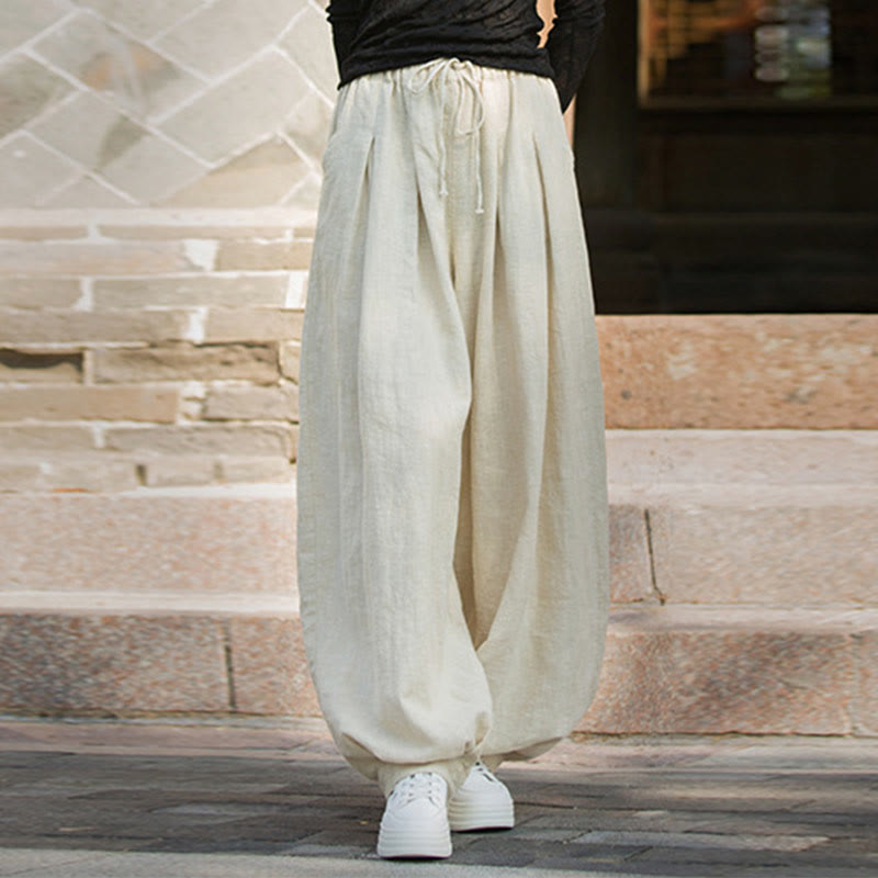 Buddha Stones Casual Plain Loose Waist Tie Rope Women's Ramie Cotton Pants With Pockets - FloralWhite - US4-6，UK/AU8-10，EU36-38 (F) - image 20