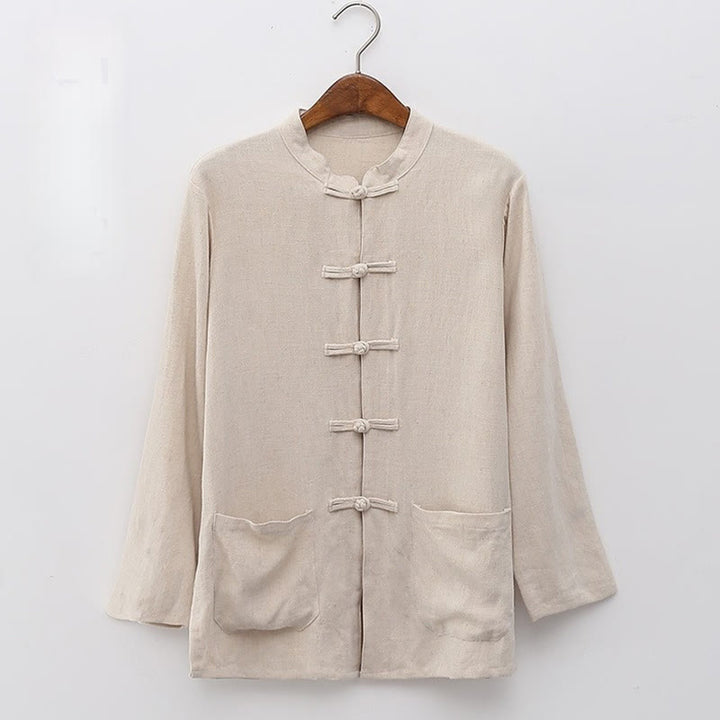 Buddha Stones Solid Color Frog-button Long Sleeve Cotton Linen Women's Shirts With Pockets - OldLace - US8-10，UK/AU12-14，EU40-42 (XL) - image 2