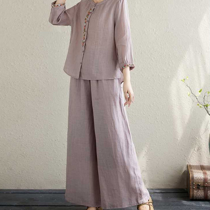 Buddha Stones 2Pcs Cotton Embroidery Flowers Shirt Top Pants Meditation Zen Tai Chi Clothing Women's Set - image 4