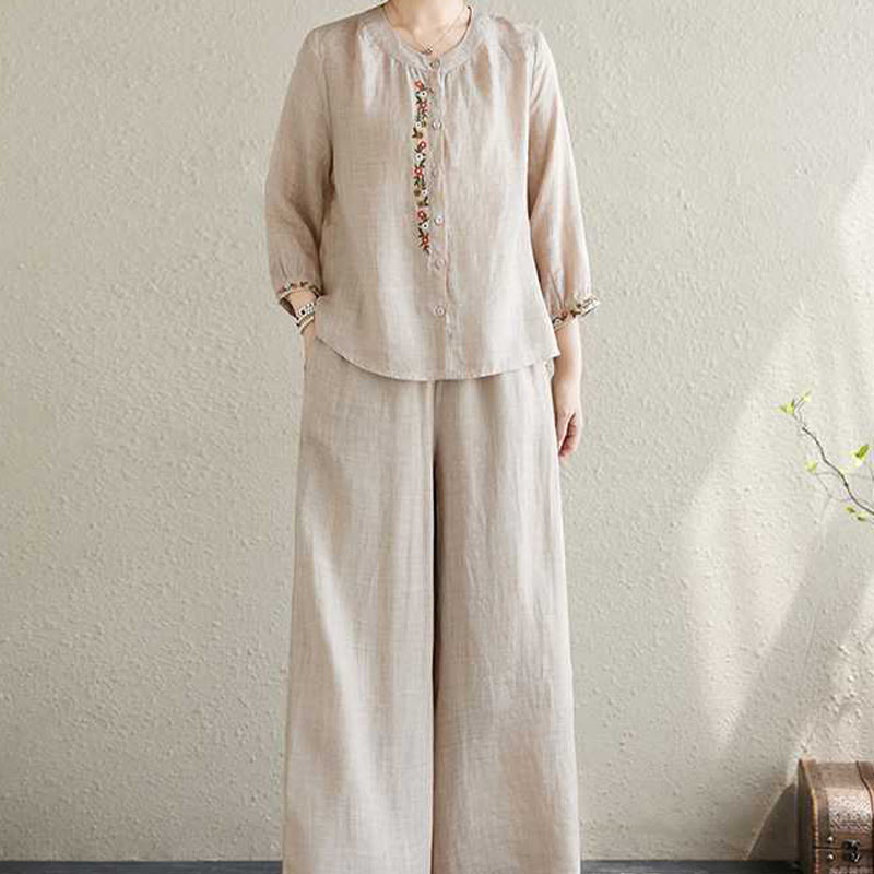 Buddha Stones 2Pcs Cotton Embroidery Flowers Shirt Top Pants Meditation Zen Tai Chi Clothing Women's Set - image 15