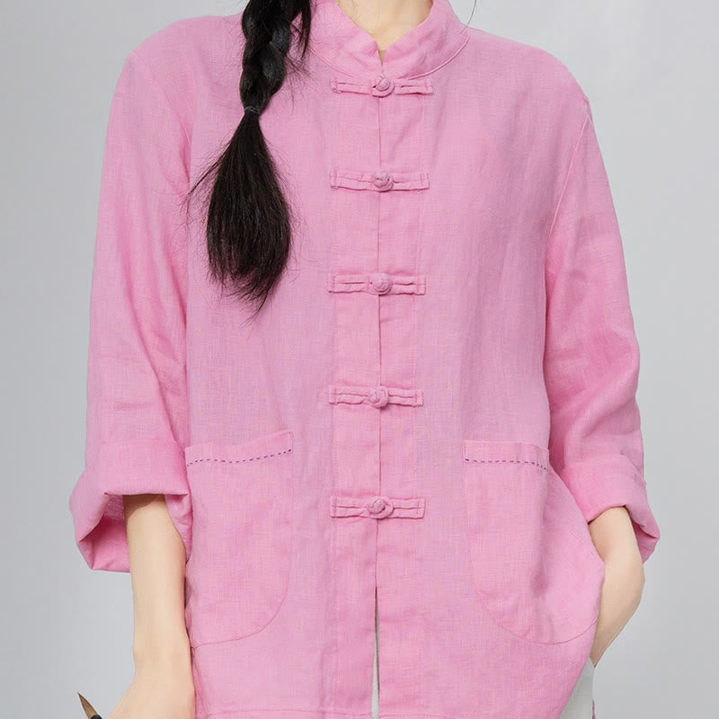 Buddha Stones Solid Color Frog-button Long Sleeve Linen Women's Shirts With Pockets - image 1