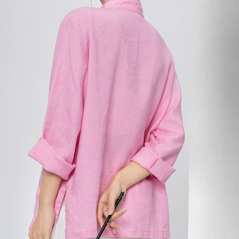 Buddha Stones Solid Color Frog-button Long Sleeve Linen Women's Shirts With Pockets - image 2