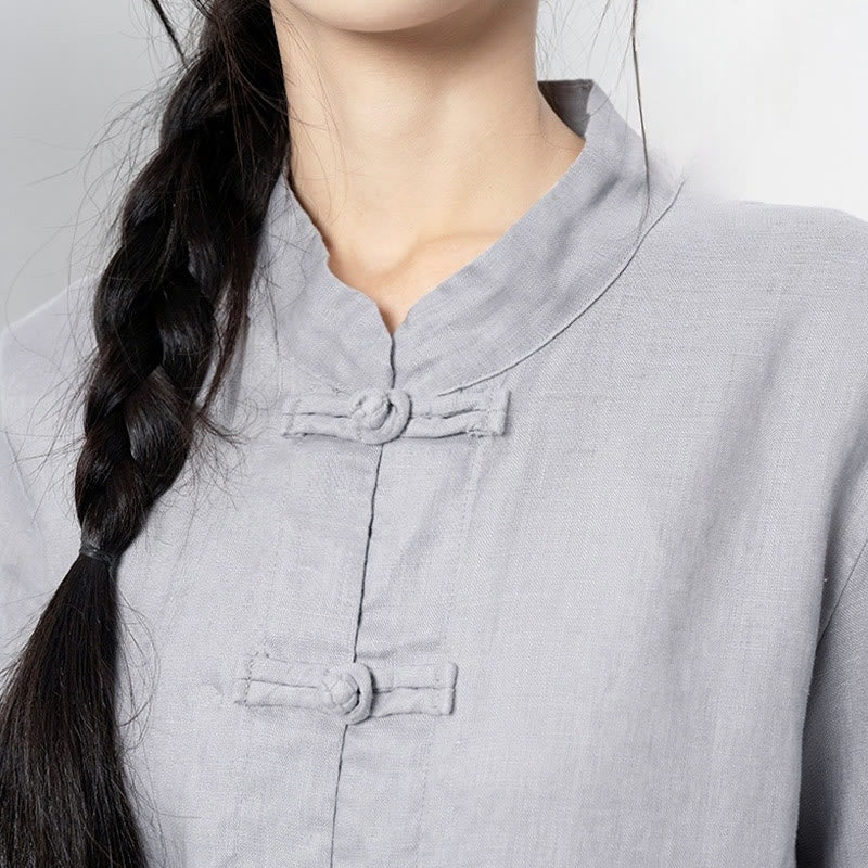 Buddha Stones Solid Color Frog-button Long Sleeve Linen Women's Shirts With Pockets - image 9