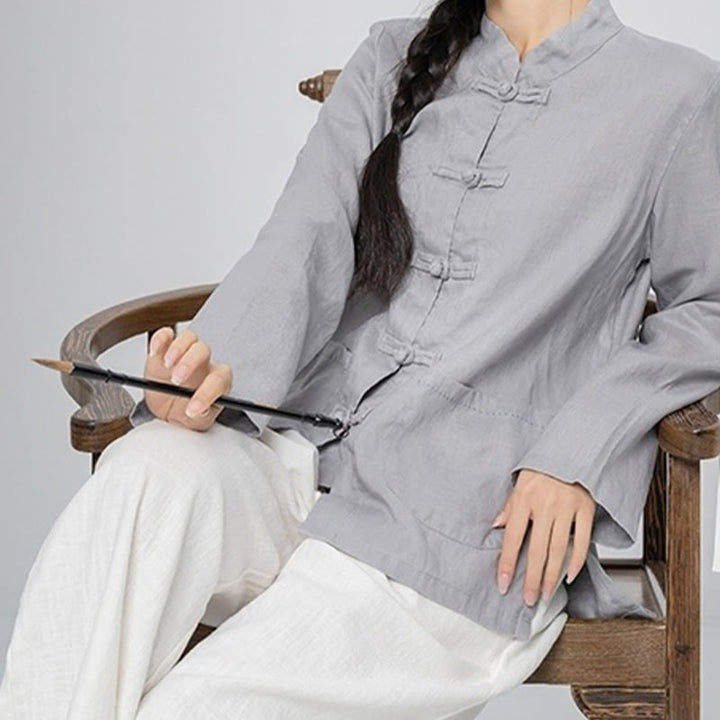 Buddha Stones Solid Color Frog-button Long Sleeve Linen Women's Shirts With Pockets - image 8