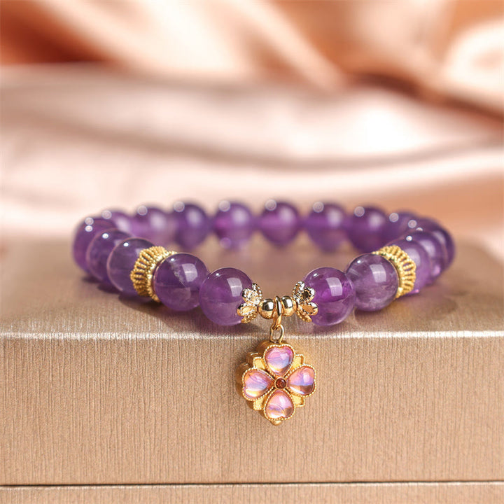 Buddha Stones Natural Amethyst Four Leaf Clover Charm Communication Bracelet - image 6