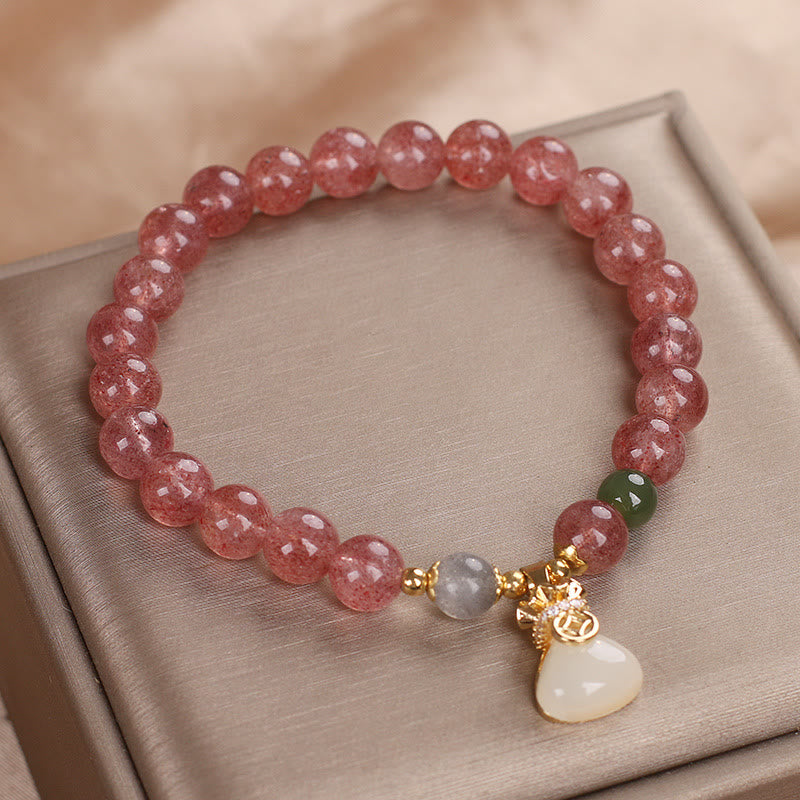 Buddha Stones Natural Strawberry Quartz Money Bag Charm Positive Bracelet - image 1