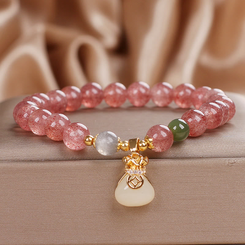 Buddha Stones Natural Strawberry Quartz Money Bag Charm Positive Bracelet - Strawberry Quartz(Wrist Circumference 15-16cm) - image 0