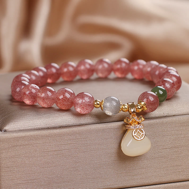 Buddha Stones Natural Strawberry Quartz Money Bag Charm Positive Bracelet - image 5
