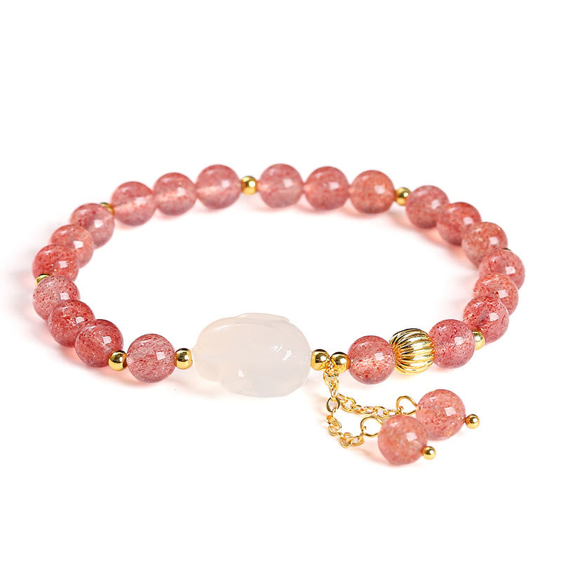 Buddha Stones Natural Strawberry Quartz Agate Rabbit Healing Bracelet - image 11