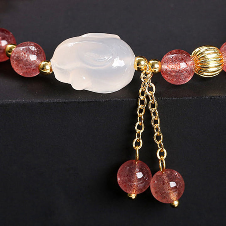 Buddha Stones Natural Strawberry Quartz Agate Rabbit Healing Bracelet - image 7