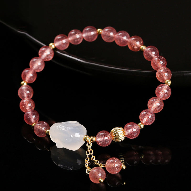 Buddha Stones Natural Strawberry Quartz Agate Rabbit Healing Bracelet - image 1