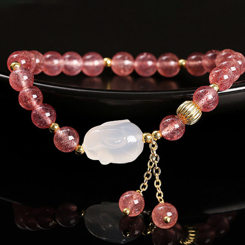 Buddha Stones Natural Strawberry Quartz Agate Rabbit Healing Bracelet - image 3