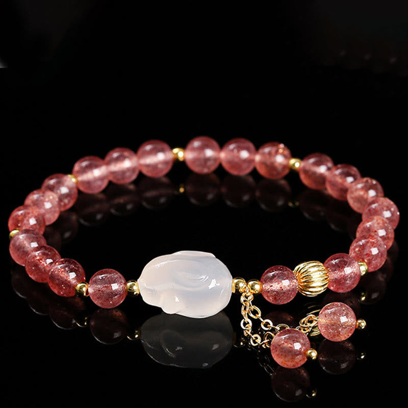 Buddha Stones Natural Strawberry Quartz Agate Rabbit Healing Bracelet - image 6