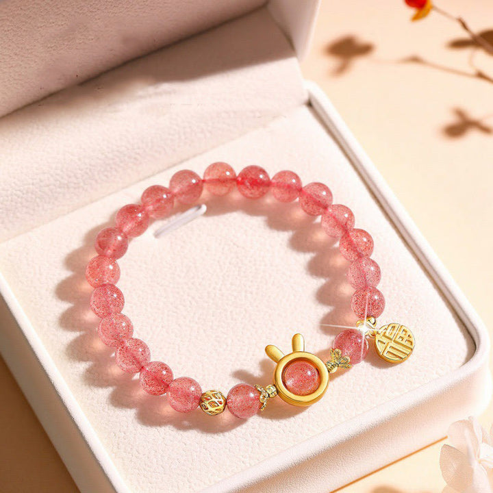 Buddha Stones Natural Strawberry Quartz Rabbit Fu Character Charm Love Bracelet - image 2