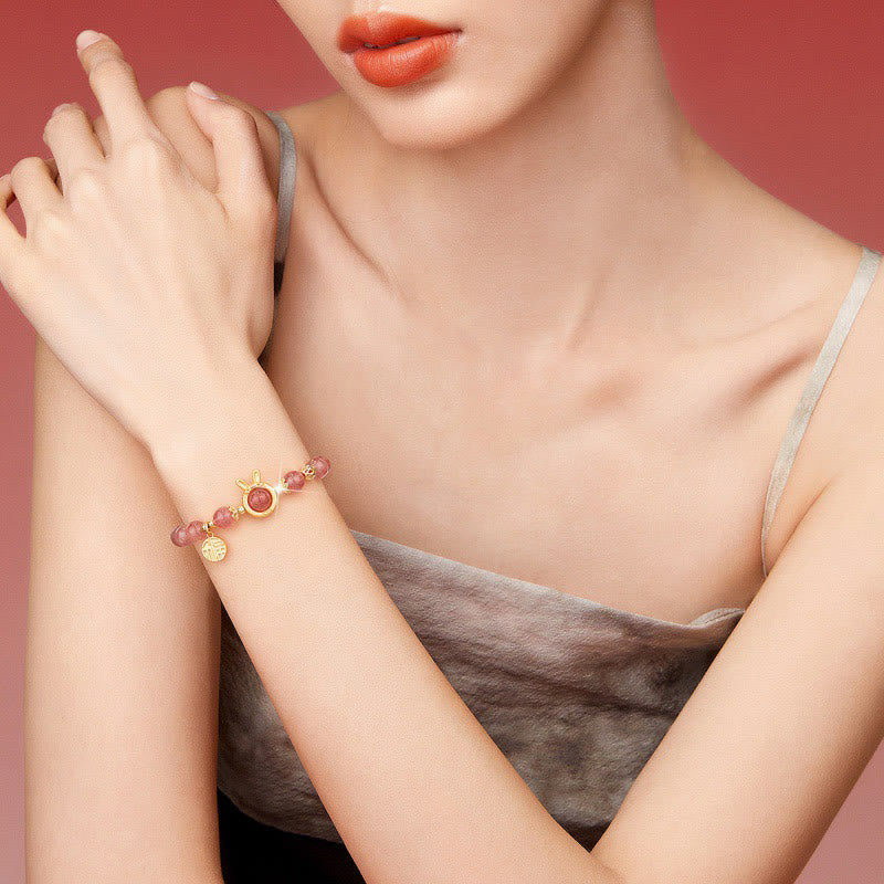 Buddha Stones Natural Strawberry Quartz Rabbit Fu Character Charm Love Bracelet - image 3
