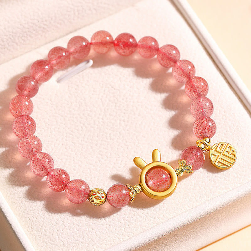 Buddha Stones Natural Strawberry Quartz Rabbit Fu Character Charm Love Bracelet - image 1