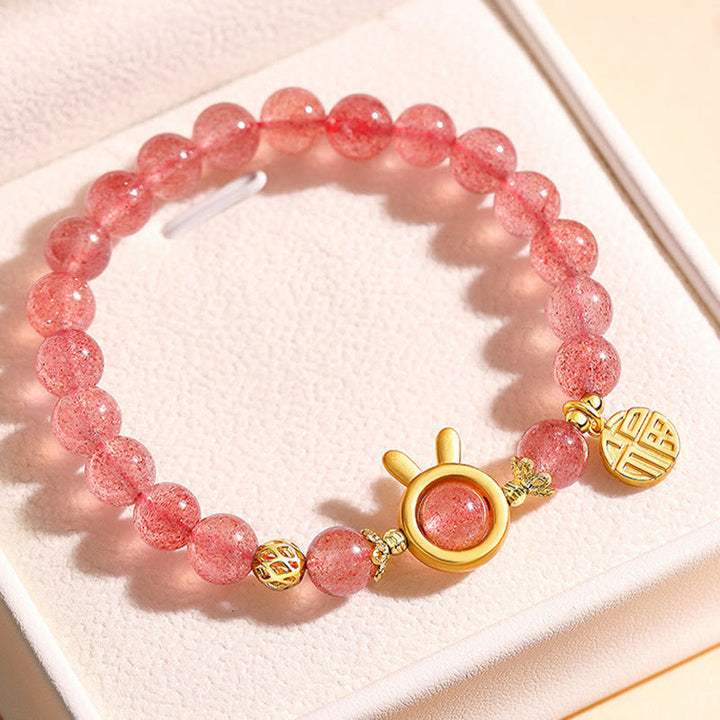 Buddha Stones Natural Strawberry Quartz Rabbit Fu Character Charm Love Bracelet - image 1