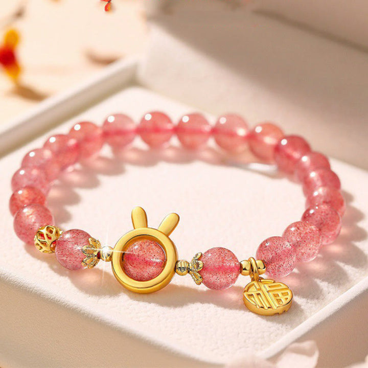 Buddha Stones Natural Strawberry Quartz Rabbit Fu Character Charm Love Bracelet - Strawberry Quartz(Wrist Circumference 14-16cm) - image 0