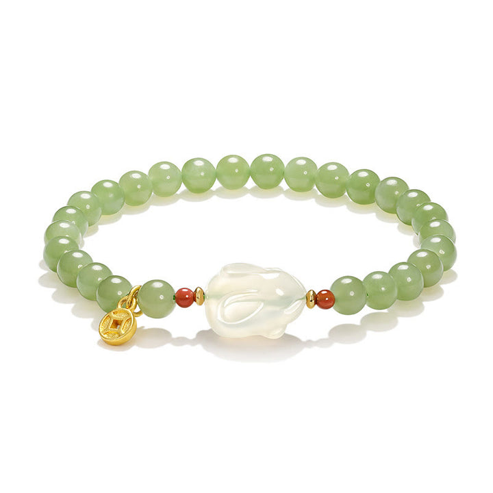 Buddha Stones Natural Hetian Jade Agate Rabbit Copper Coin Luck Bracelet - image 10
