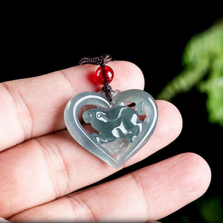 Buddha Stones Natural Jade Love Heart Rabbit Luck Necklace Pendant - image 4