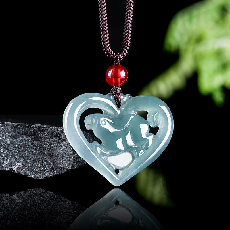Buddha Stones Natural Jade Love Heart Rabbit Luck Necklace Pendant - image 1