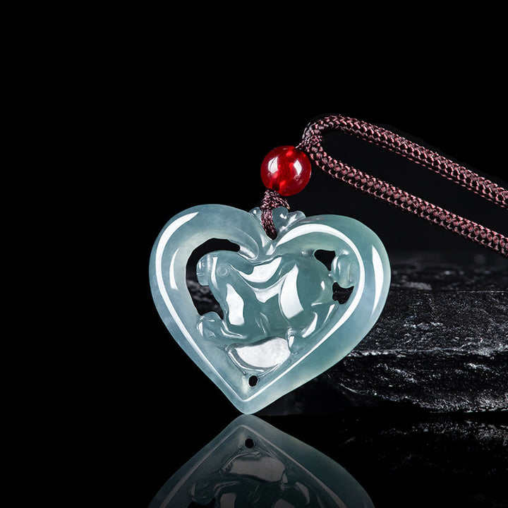 Buddha Stones Natural Jade Love Heart Rabbit Luck Necklace Pendant - Jade - image 0