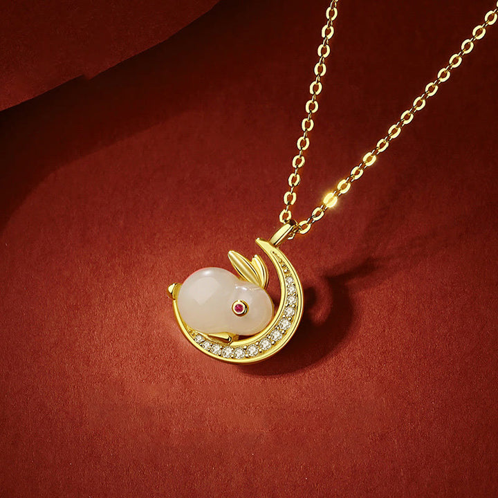 Buddha Stones 925 Sterling Silver Hetian White Jade Rabbit Crescent Moon Luck Necklace Pendant - image 3