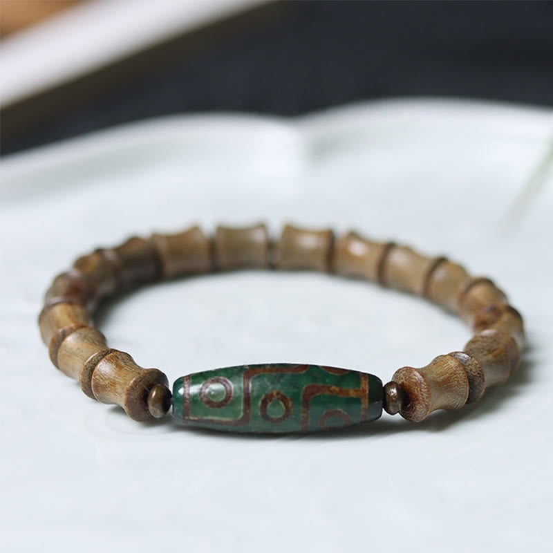 Buddha Stones Tibetan Nine-Eye Dzi Bead Green Sandalwood Peace Bracelet - Green Sandalwood(Wrist Circumference 14-16cm) - image 0