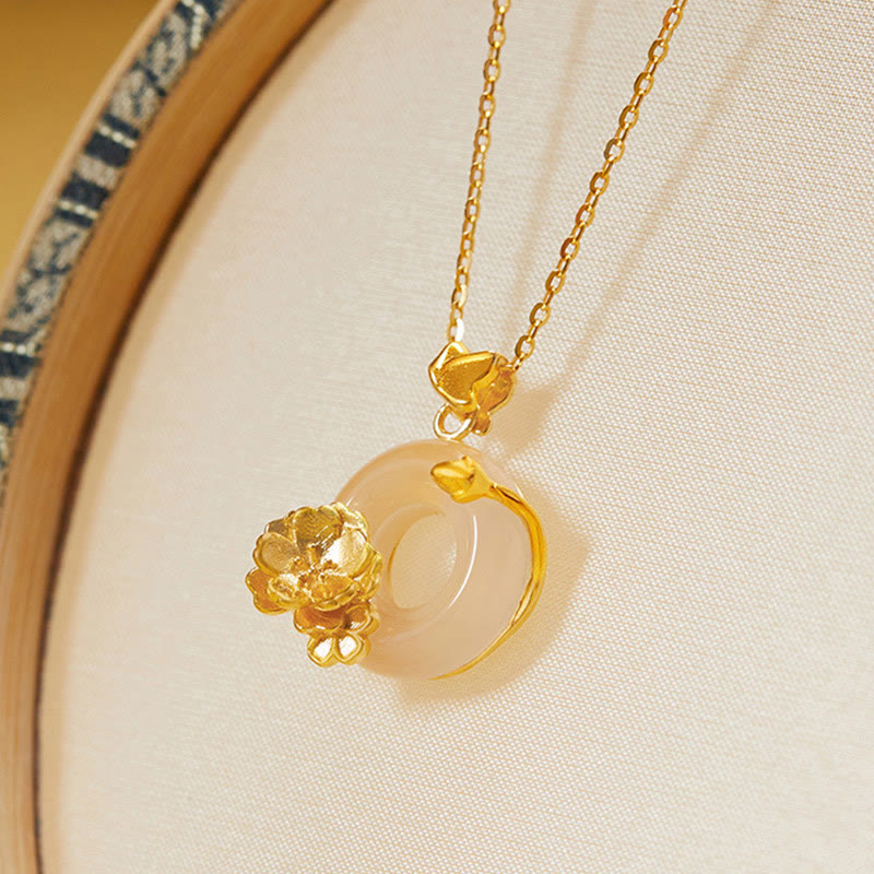 Buddha Stones Natural 925 Sterling Silver White Chalcedony Peace Buckle Peach Blossom Butterfly Positive Necklace Pendant - image 1