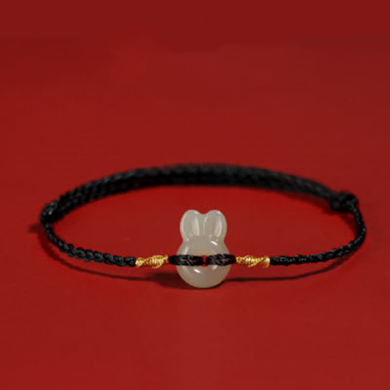 Buddha Stones Hetian Jade Cute Rabbit String Luck Bracelet - Black Rope(Wrist Circumference 14-16cm) - image 2