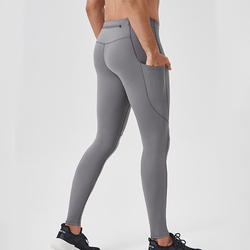 Buddha Stones Solid Color High Waist Elastic Breathable Sports Men's Leggings Pants With Back Zipper Pocket - image 3